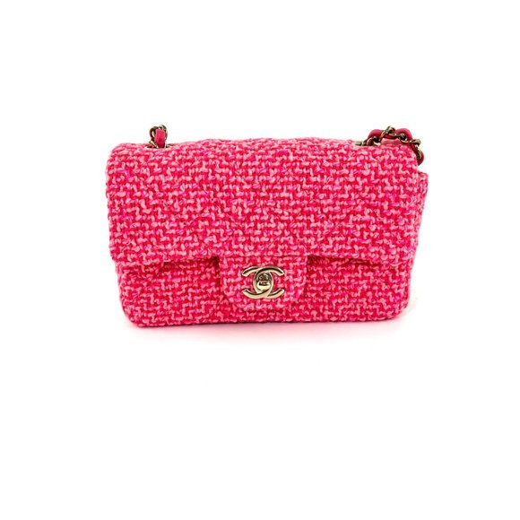 Authentic CHANEL Wool Tweed 2022 Pink Rectangular Mini Flap Bag - Picture 5 of 12